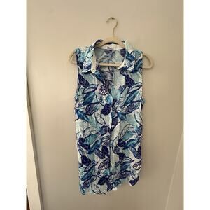 Sigrid Olsen Women's Blue Tropical Leaf Print Sleeveless Boho Summer Tunic Top L